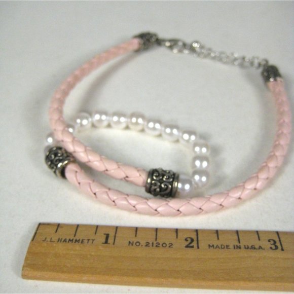 Imitation Pearl Beaded Necklace 17" Pink Braided Cord Silvertone Strand Jewelry - Picture 3 of 6